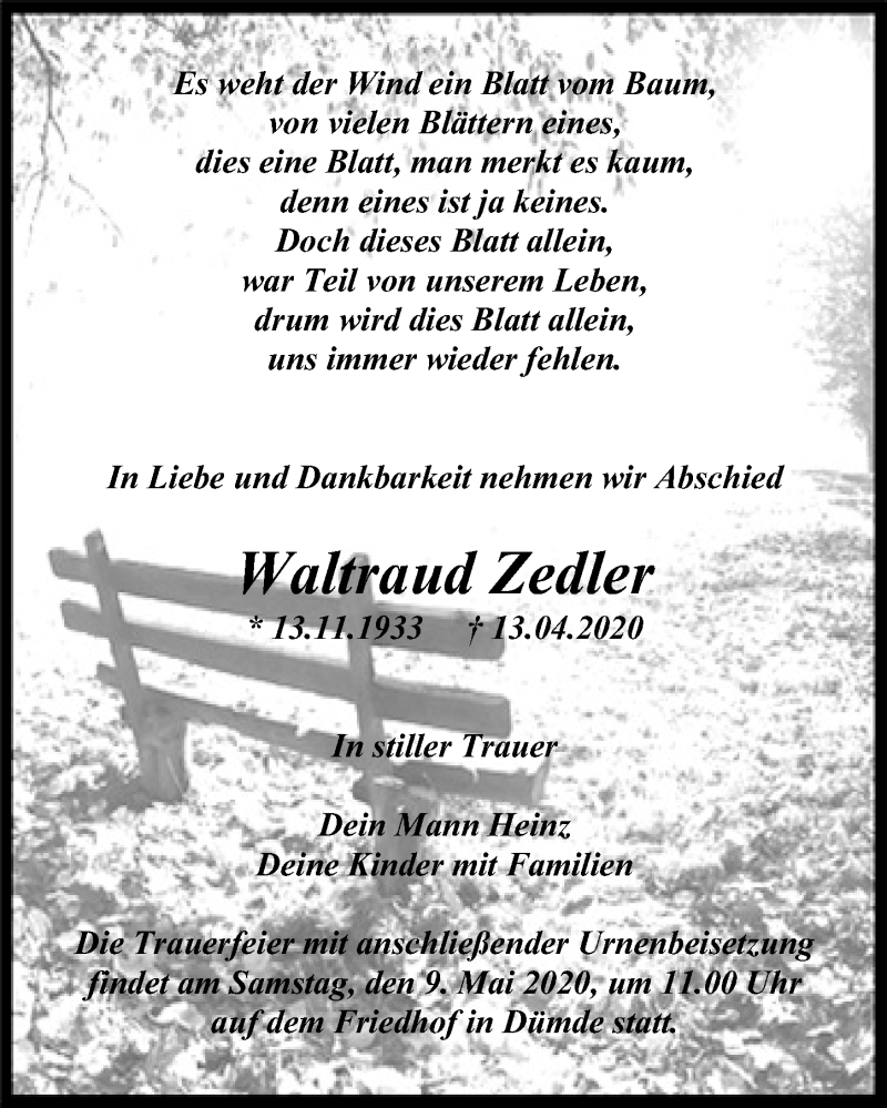  Traueranzeige für Waltraud Zedler vom 18.04.2020 aus Märkischen Allgemeine Zeitung