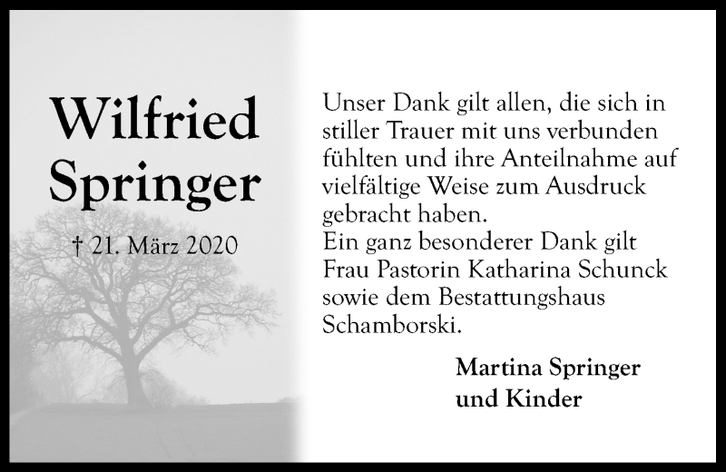  Traueranzeige für Wilfried Springer vom 11.04.2020 aus Kieler Nachrichten