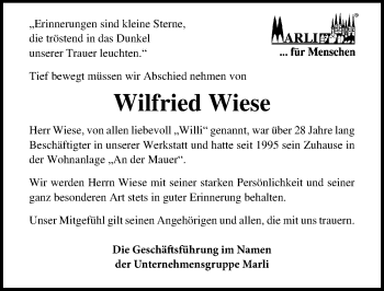 Traueranzeige von Wilfried Wiese von Lübecker Nachrichten