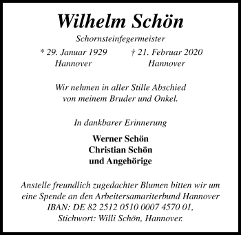 Traueranzeige von Wilhelm Schön von Hannoversche Allgemeine Zeitung/Neue Presse