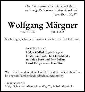 Traueranzeige von Wolfgang Märgner von Kieler Nachrichten