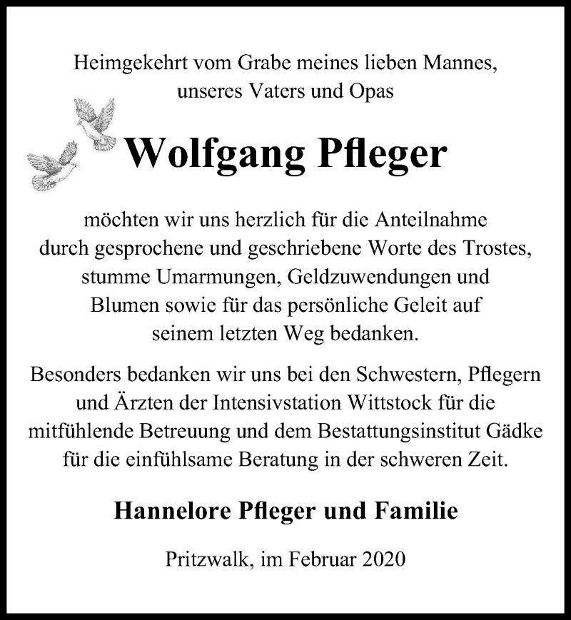 Traueranzeige für Wolfgang Pfleger vom 04.04.2020 aus Märkischen Allgemeine Zeitung
