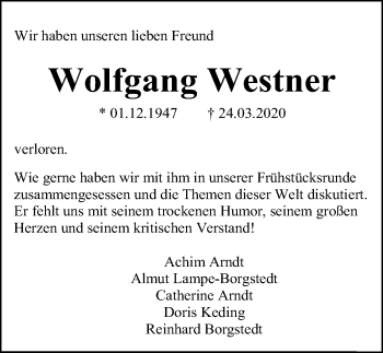 Traueranzeige von Wolfgang Westner von Hannoversche Allgemeine Zeitung/Neue Presse