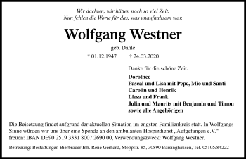 Traueranzeige von Wolfgang Westner von Hannoversche Allgemeine Zeitung/Neue Presse