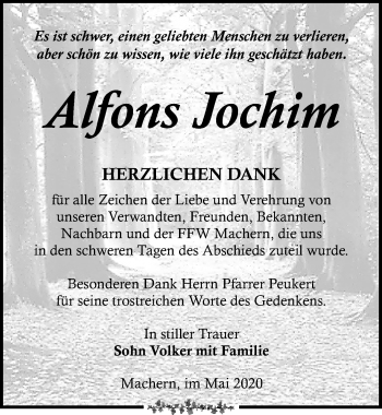 Traueranzeige von Alfon Jochim von Leipziger Volkszeitung