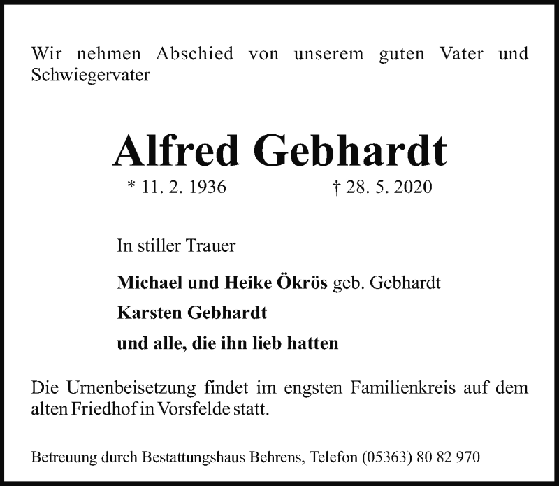  Traueranzeige für Alfred Gebhardt vom 30.05.2020 aus Aller Zeitung