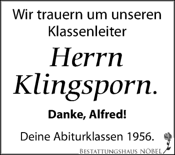 Traueranzeige von Alfred Klingsporn von Leipziger Volkszeitung