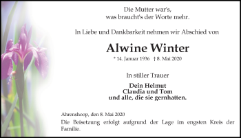 Traueranzeige von Alwine Winter von Ostsee-Zeitung GmbH