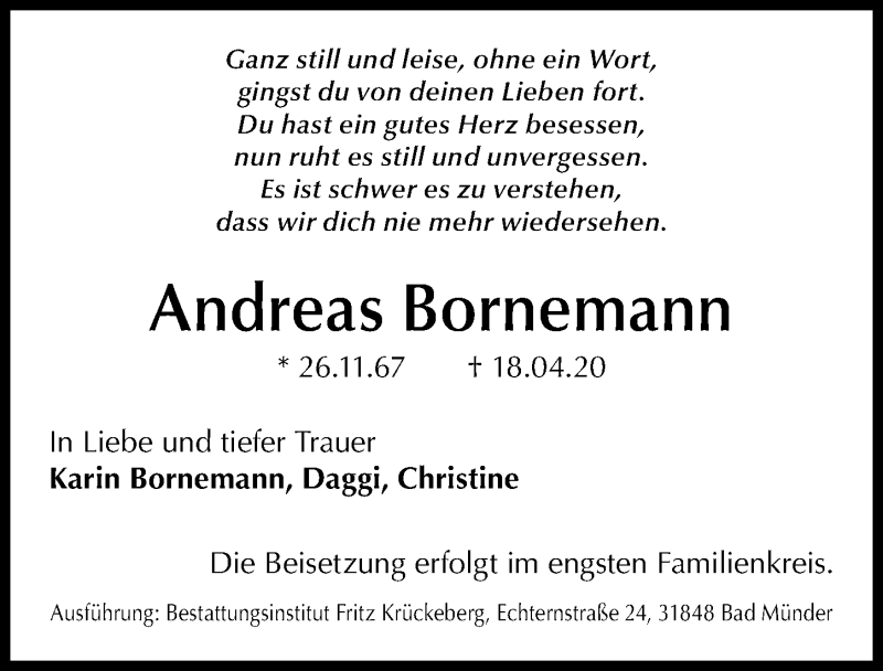  Traueranzeige für Andreas Bornemann vom 16.05.2020 aus Hannoversche Allgemeine Zeitung/Neue Presse