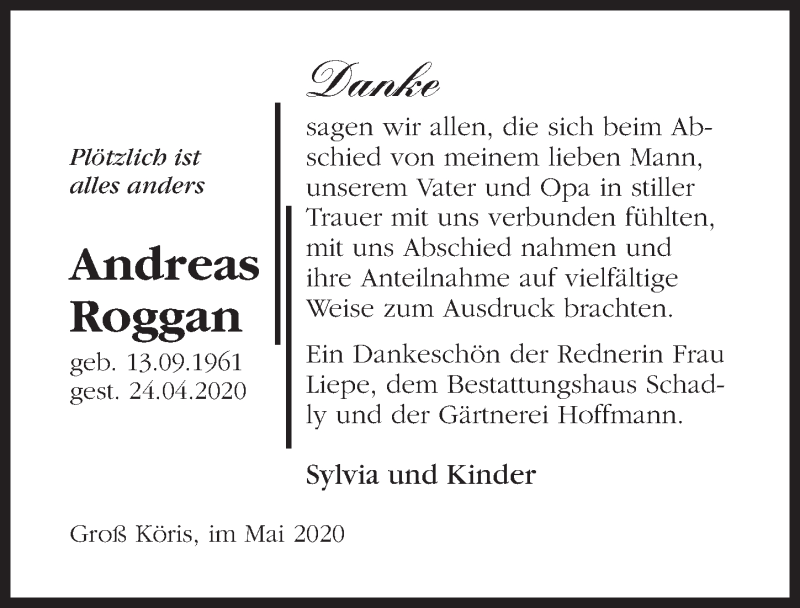  Traueranzeige für Andreas Roggan vom 30.05.2020 aus Märkischen Allgemeine Zeitung