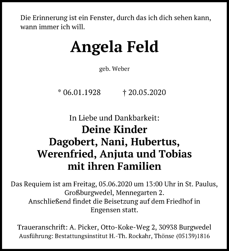  Traueranzeige für Angela Feld vom 25.05.2020 aus Hannoversche Allgemeine Zeitung/Neue Presse