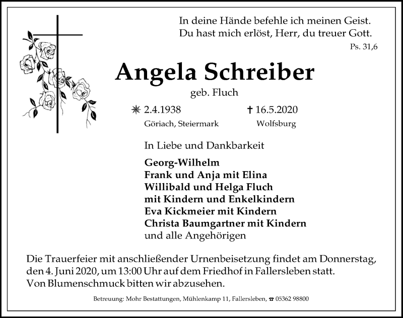  Traueranzeige für Angela Schreiber vom 28.05.2020 aus Aller Zeitung