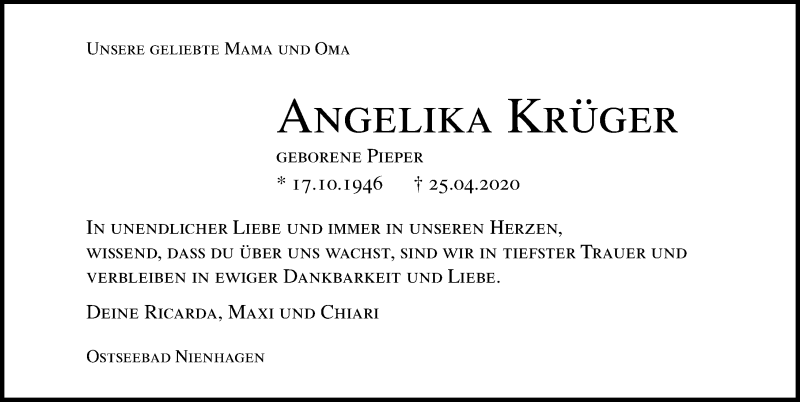  Traueranzeige für Angelika Krüger vom 02.05.2020 aus Ostsee-Zeitung GmbH