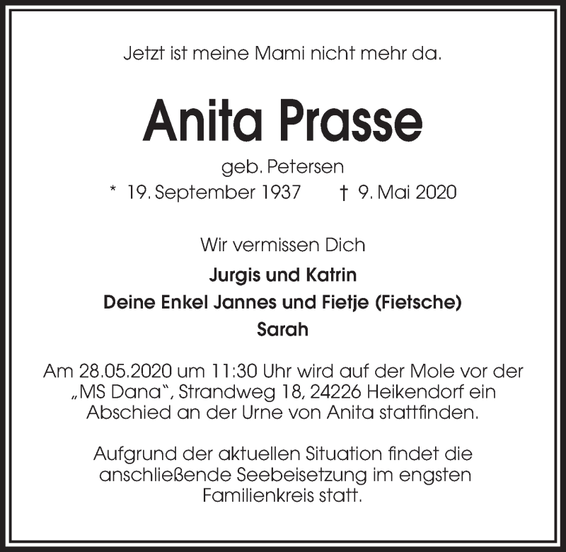 Traueranzeige für Anita Prasse vom 16.05.2020 aus Kieler Nachrichten