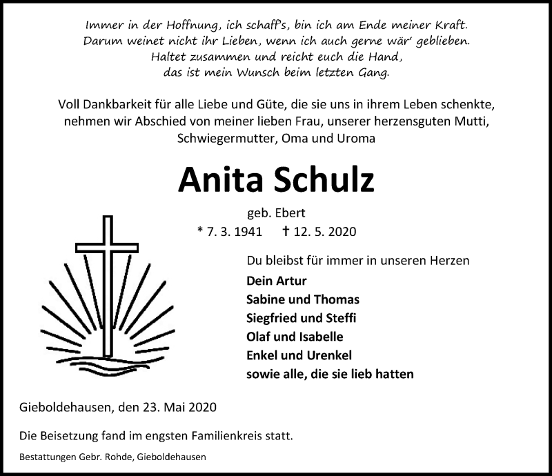  Traueranzeige für Anita Schulz vom 23.05.2020 aus Eichsfelder Tageblatt