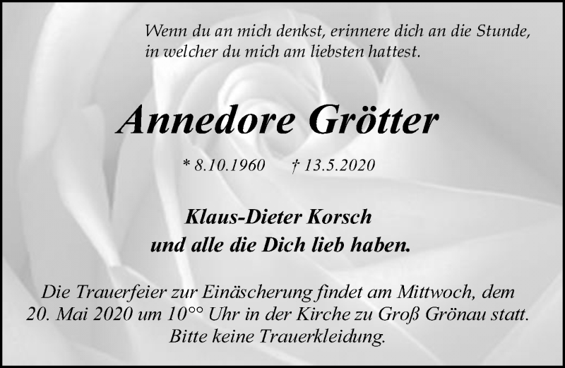  Traueranzeige für Annedore Grötter vom 17.05.2020 aus Lübecker Nachrichten