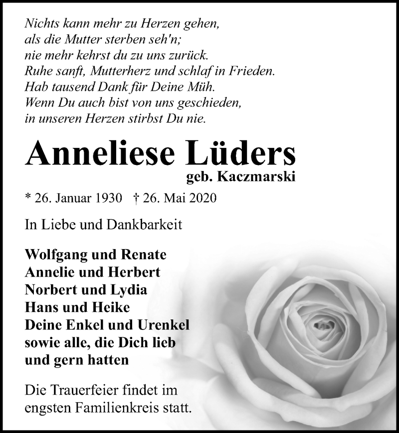  Traueranzeige für Anneliese Lüders vom 30.05.2020 aus Ostsee-Zeitung GmbH