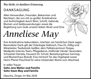 Traueranzeige von Anneliese May von Leipziger Volkszeitung