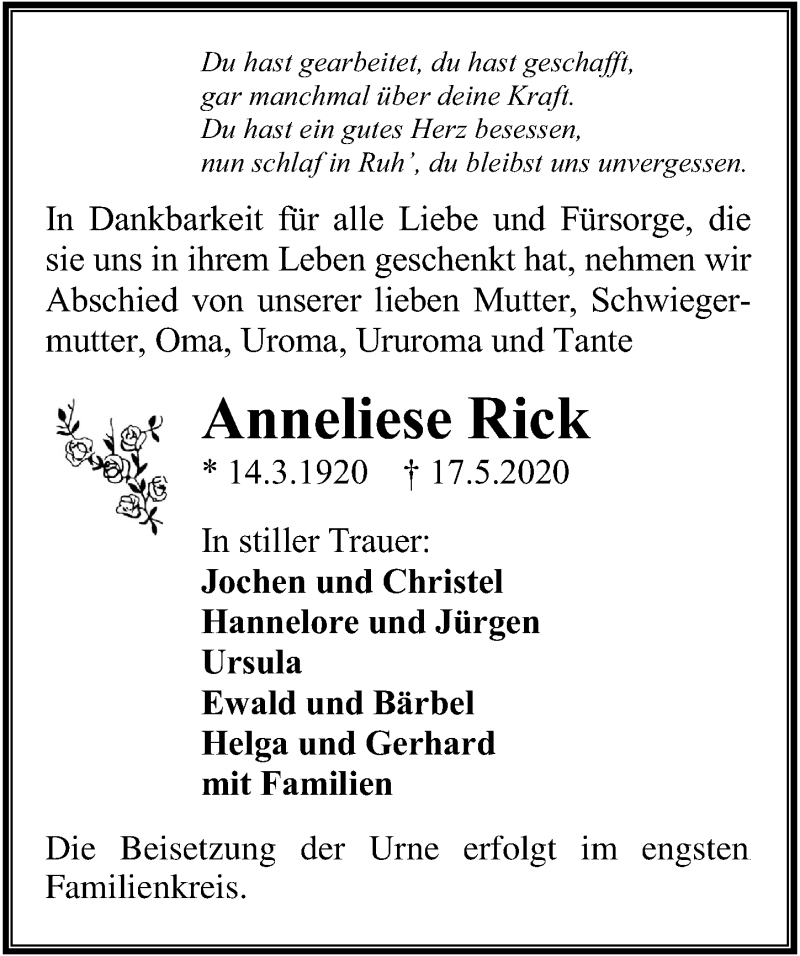  Traueranzeige für Anneliese Rick vom 23.05.2020 aus Ostsee-Zeitung GmbH
