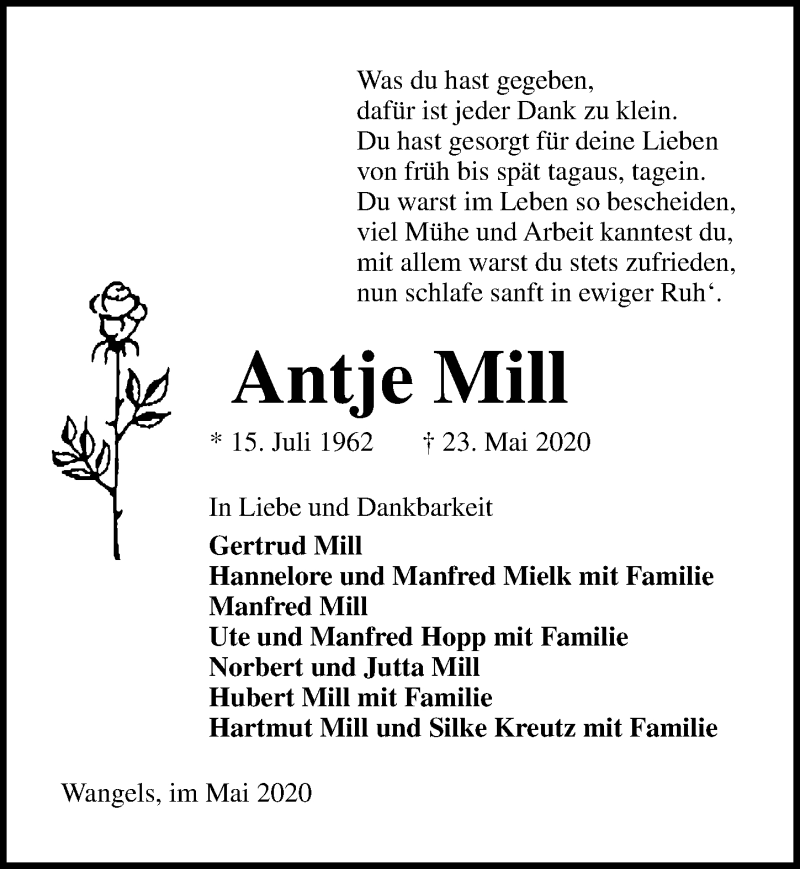  Traueranzeige für Antje Mill vom 30.05.2020 aus Lübecker Nachrichten