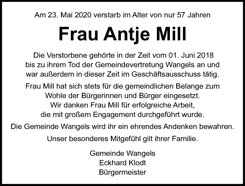  Traueranzeige für Antje Mill vom 30.05.2020 aus Lübecker Nachrichten