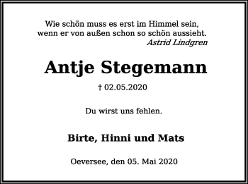 Traueranzeige von Antje Stegemann von Kieler Nachrichten
