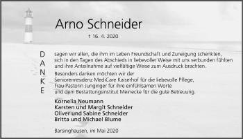 Traueranzeige von Arno Schneider von Hannoversche Allgemeine Zeitung/Neue Presse