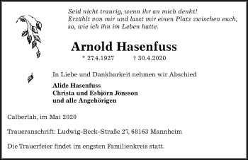 Traueranzeige von Arnold Hasenfuss von Aller Zeitung