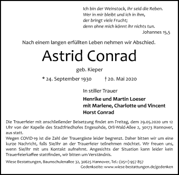 Traueranzeige von Astrid Conrad von Hannoversche Allgemeine Zeitung/Neue Presse