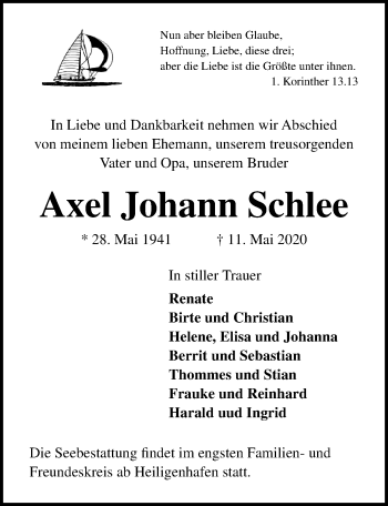 Traueranzeige von Axel Johann Schlee von Lübecker Nachrichten