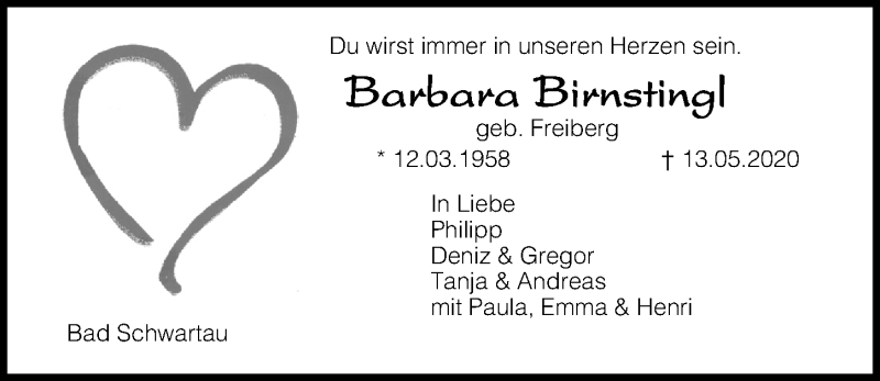  Traueranzeige für Barbara Birnstingl vom 24.05.2020 aus Lübecker Nachrichten