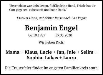 Traueranzeige von Benjamin Engel von Lübecker Nachrichten