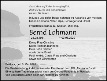 Traueranzeige von Bernd Lohmann von Ostsee-Zeitung GmbH