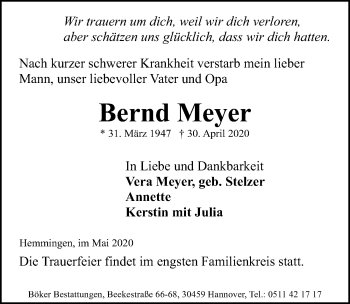 Traueranzeige von Bernd Meyer von Hannoversche Allgemeine Zeitung/Neue Presse