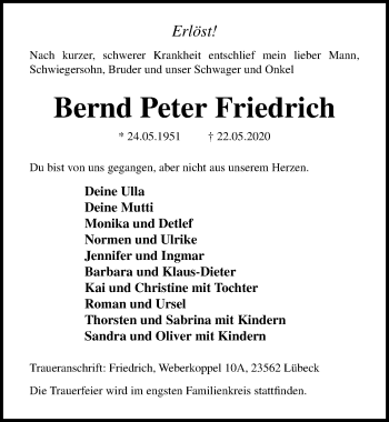 Traueranzeige von Bernd Peter Friedrich von Lübecker Nachrichten