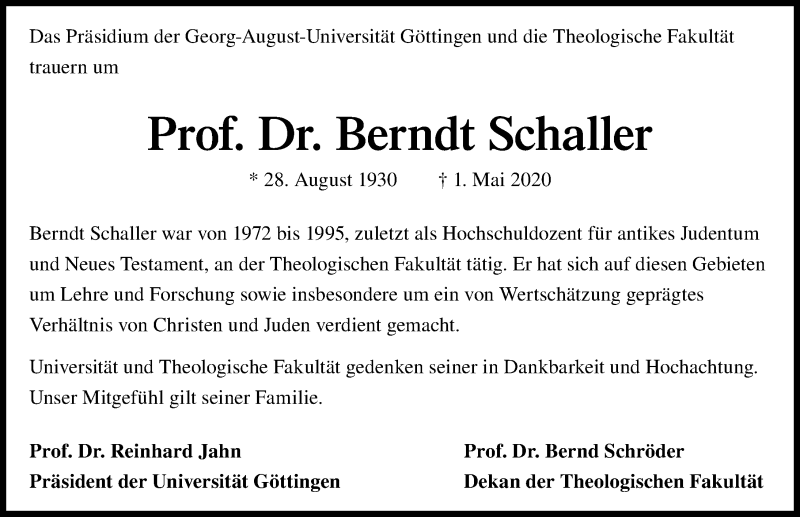  Traueranzeige für Berndt Schaller vom 09.05.2020 aus Göttinger Tageblatt