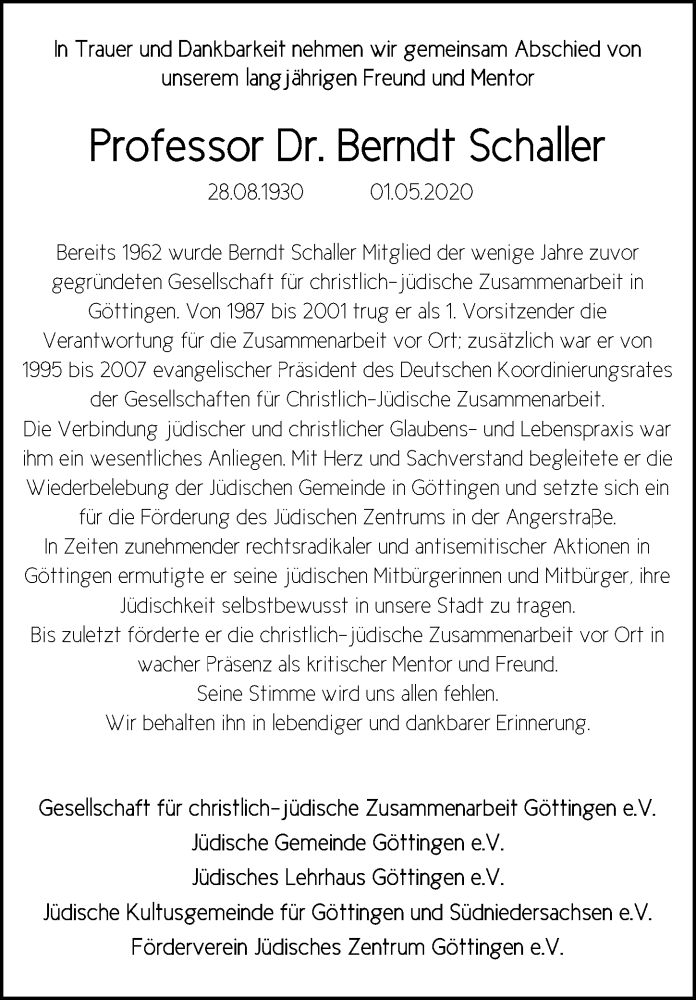  Traueranzeige für Berndt Schaller vom 06.05.2020 aus Göttinger Tageblatt