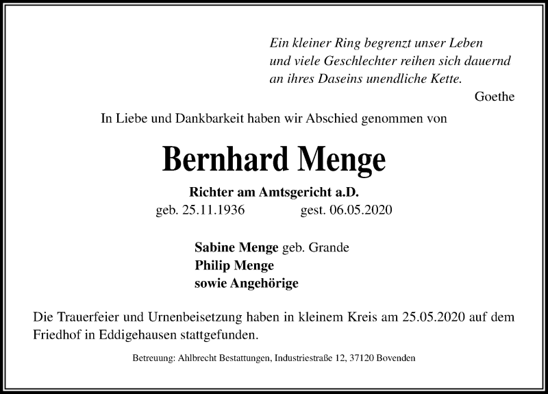  Traueranzeige für Bernhard Menge vom 30.05.2020 aus Göttinger Tageblatt