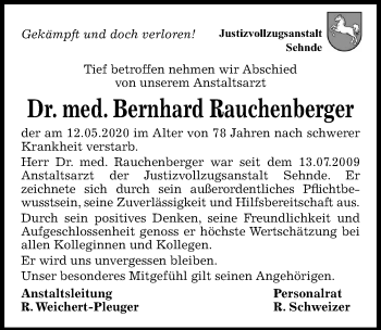 Traueranzeige von Bernhard Rauchenberger von Hannoversche Allgemeine Zeitung/Neue Presse