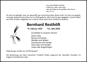 Traueranzeige von Bernhard Resthöft von Lübecker Nachrichten