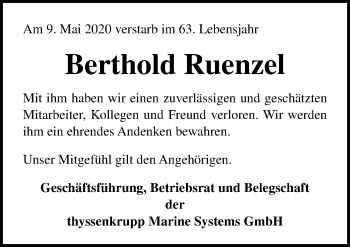 Traueranzeige von Berthold Ruenzel von Lübecker Nachrichten
