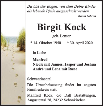 Traueranzeige von Birgit Kock von Kieler Nachrichten