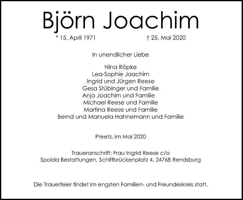  Traueranzeige für Björn Joachim vom 30.05.2020 aus Kieler Nachrichten