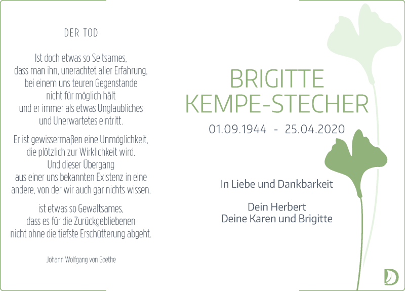  Traueranzeige für Brigitte Kempe-Stecher vom 09.05.2020 aus Leipziger Volkszeitung
