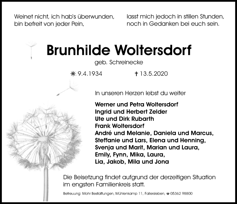  Traueranzeige für Brunhilde Woltersdorf vom 16.05.2020 aus Aller Zeitung
