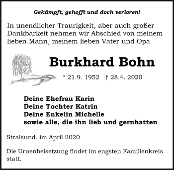 Traueranzeige von Burkhard Bohn von Ostsee-Zeitung GmbH