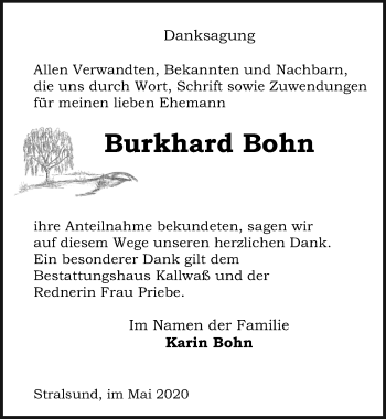 Traueranzeige von Burkhard Bohn von Ostsee-Zeitung GmbH
