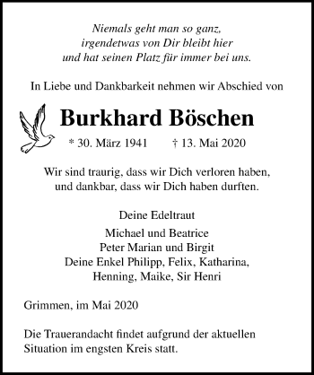 Traueranzeige von Burkhard Böschen von Ostsee-Zeitung GmbH