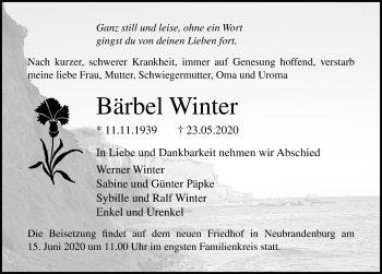 Traueranzeige von Bärbel Winter von Ostsee-Zeitung GmbH