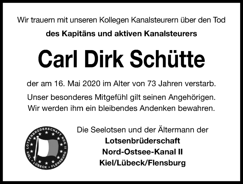  Traueranzeige für Carl Dirk Schütte vom 23.05.2020 aus Kieler Nachrichten